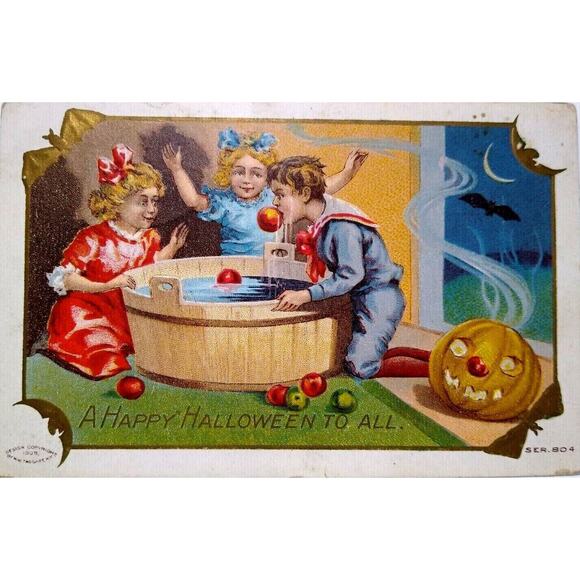 Halloween Postcard Fantasy Bats Crescent Moon Border Apple Game Taggart 1910 - Picture 2 of 3